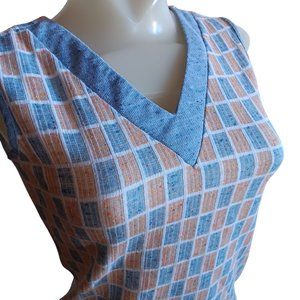 Women's Small Vintage 70's Sleeveless V-Neck Knit Top Colorful Checkered Pattern